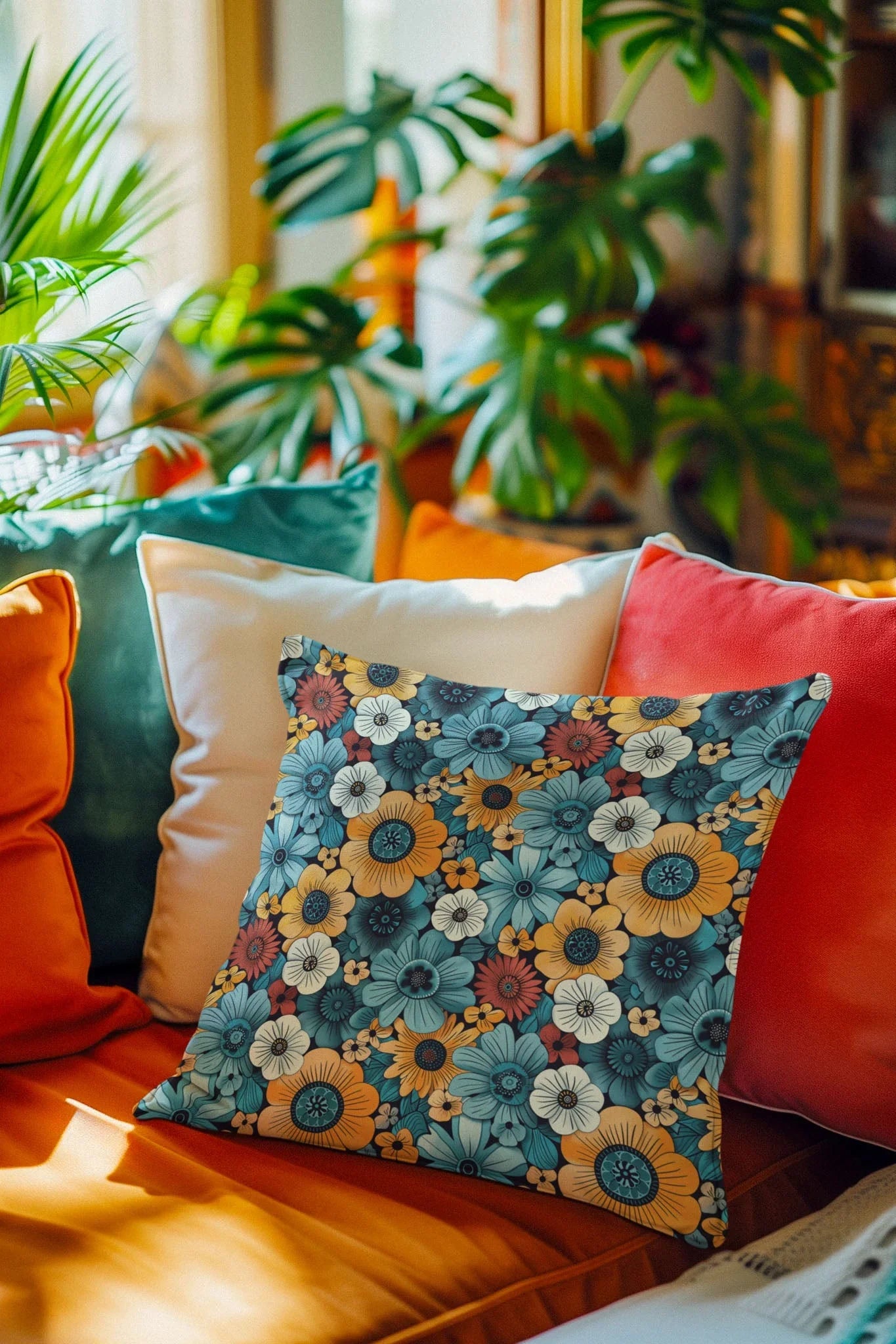Colorful sofa with decorative floral throw pillow and lush green indoor plants