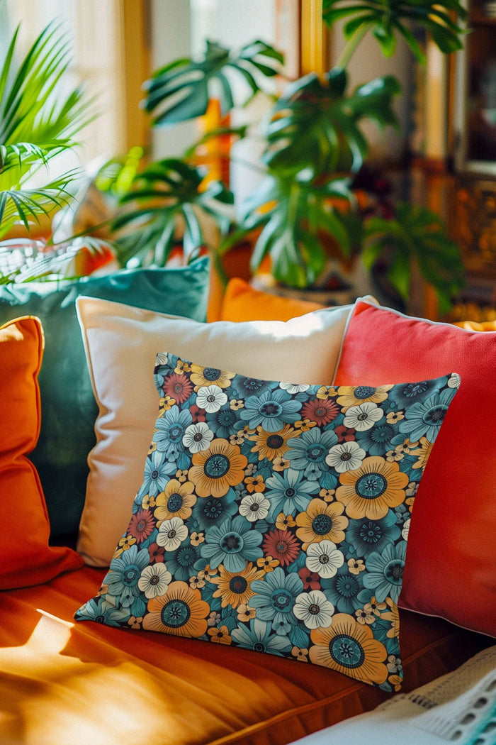 Colorful sofa with decorative floral throw pillow and lush green indoor plants
