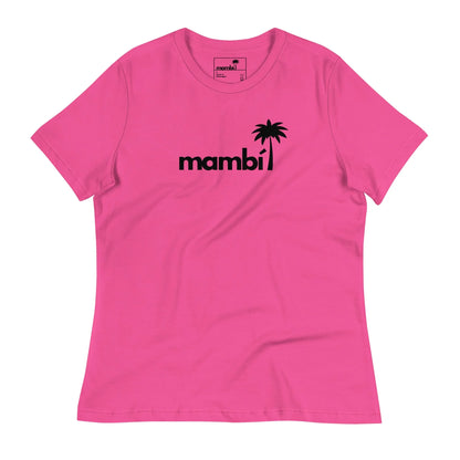 A bright pink T-shirt featuring the word Mambí in bold black lowercase letters with a black palm tree graphic above the letter i on the chest.