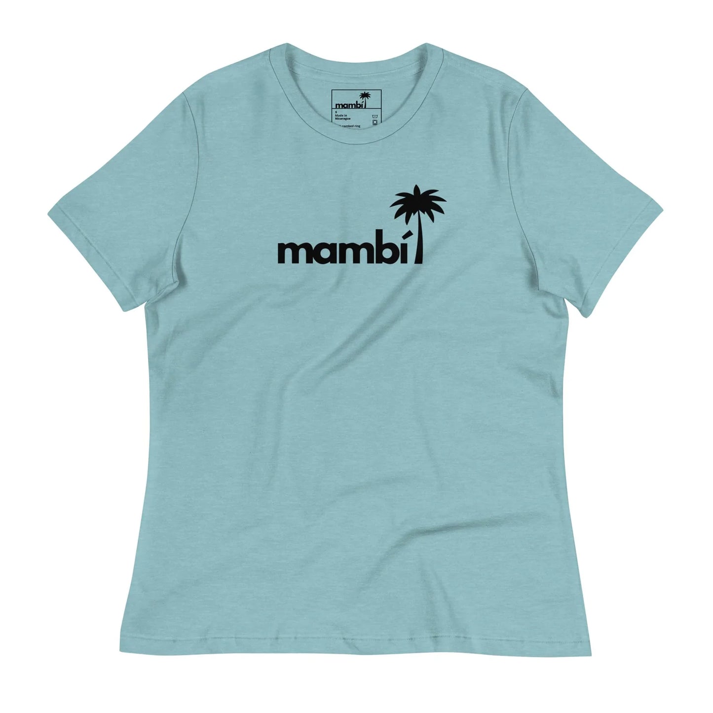 Light blue t-shirt featuring the word Mambí in black lowercase letters, with a palm tree graphic replacing the dot above the letter i.