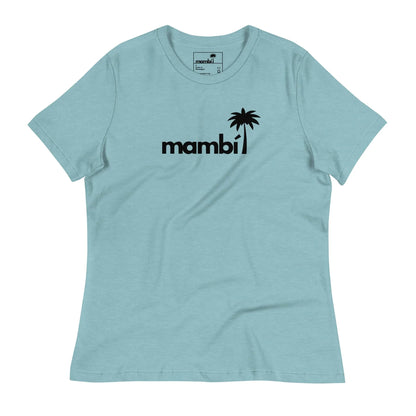 Light blue t-shirt featuring the word Mambí in black lowercase letters, with a palm tree graphic replacing the dot above the letter i.