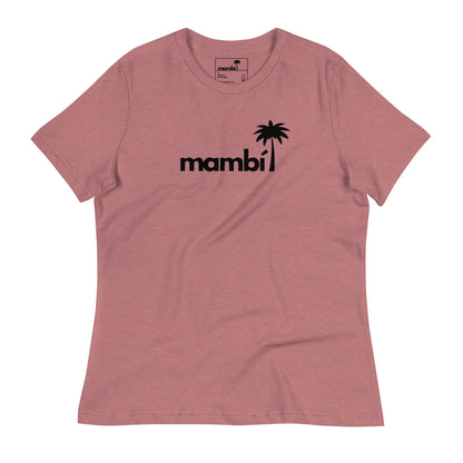 A rose-colored t-shirt featuring the word Mambí in bold black lowercase letters, with a black silhouette of a palm tree replacing the letter i on the front.