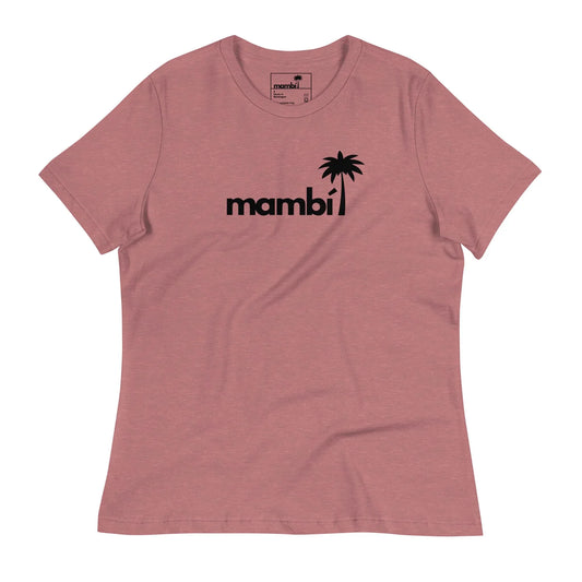 A rose-colored t-shirt featuring the word Mambí in bold black lowercase letters, with a black silhouette of a palm tree replacing the letter i on the front.