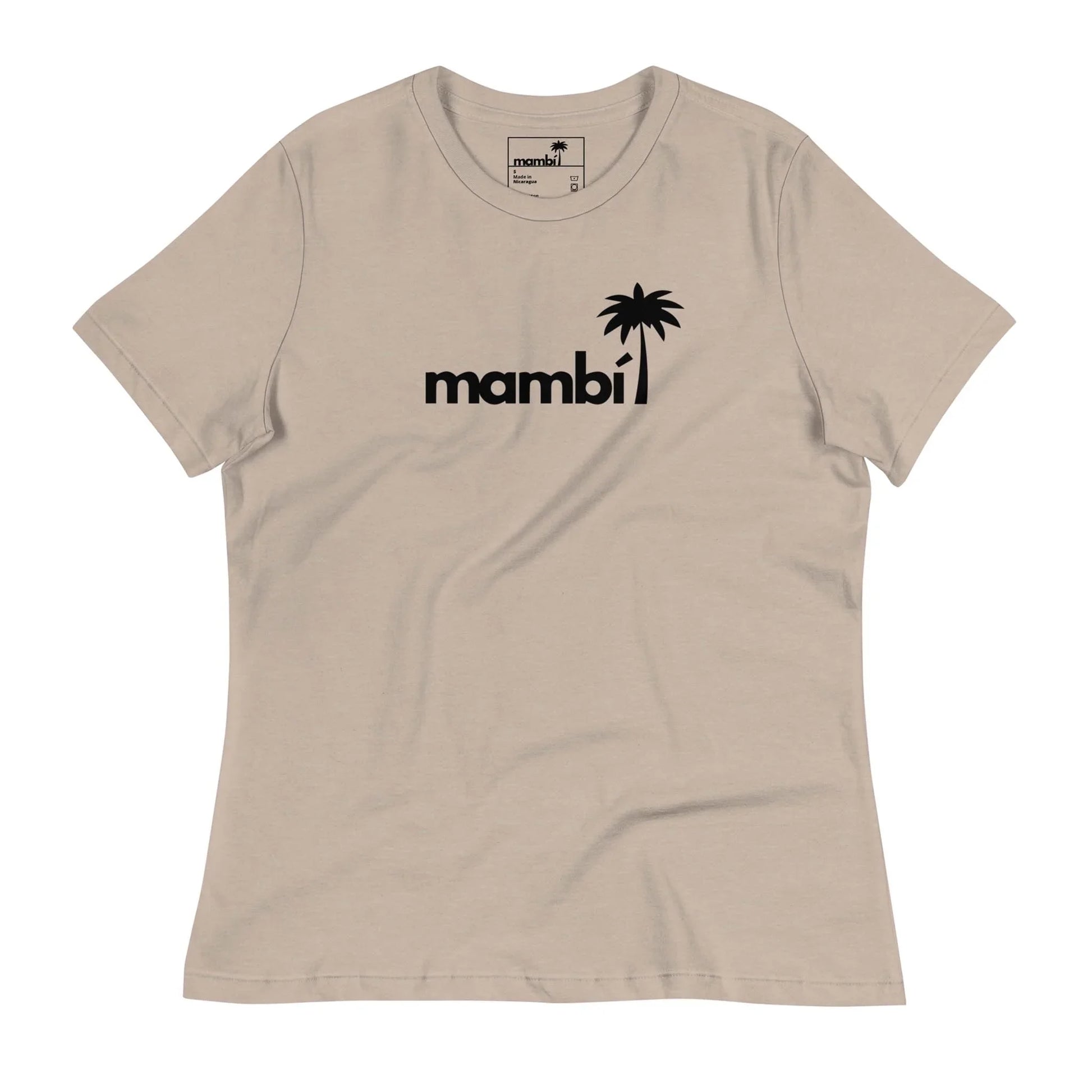 Beige t-shirt featuring the word Mambí in bold black lowercase letters across the chest, with a black palm tree replacing the dot above the i.