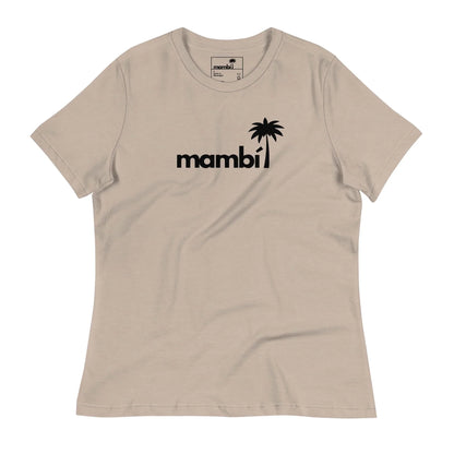 Beige t-shirt featuring the word Mambí in bold black lowercase letters across the chest, with a black palm tree replacing the dot above the i.