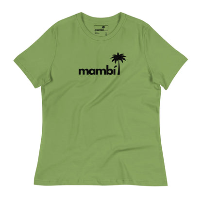 Light green t-shirt featuring the word Mambí in bold black lowercase letters on the front, with a small black palm tree graphic replacing the dot over the “i.”.