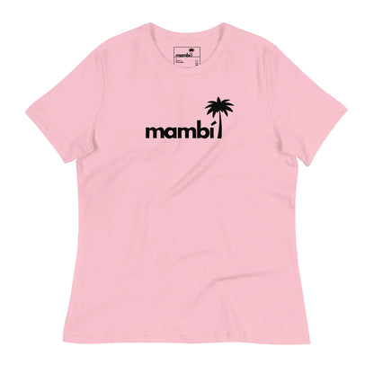 A light pink t-shirt featuring the word Mambí in bold black letters on the front, with the letter “i” topped by a black palm tree silhouette instead of a dot.