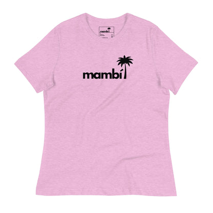 A light pink t-shirt featuring the word Mambí in black lowercase letters, with a black silhouette of a palm tree forming the dot above the letter i.