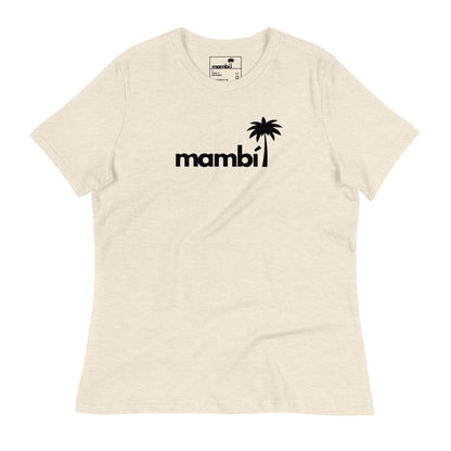 Off-white t-shirt featuring the word Mambí in bold black lowercase letters, with a palm tree silhouette replacing the dot on the i.