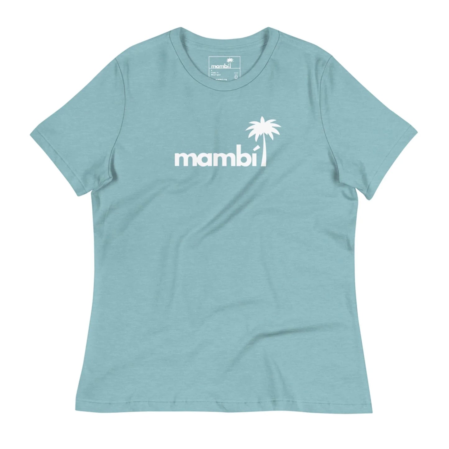 The Abigail Relaxed-Fit Logo Tee by Printful features mambi in white lowercase letters and a palm tree on a light blue shirt, crafted for all-day comfort.