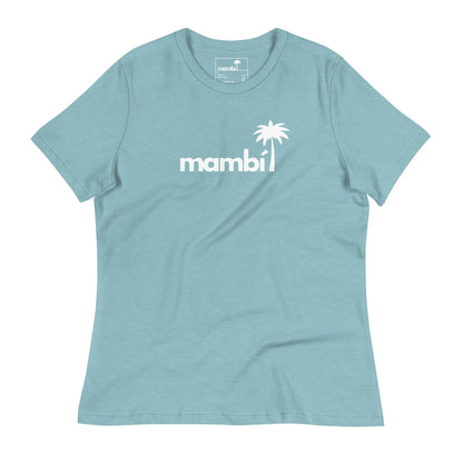 The Abigail Relaxed-Fit Logo Tee by Printful features mambi in white lowercase letters and a palm tree on a light blue shirt, crafted for all-day comfort.