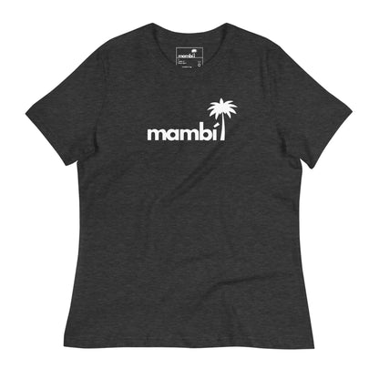 The Abigail Relaxed-Fit Logo Tee by Printful features a dark gray, short-sleeve design with “mambi” in white lowercase and a palm tree above the i—a super soft, comfortable t-shirt for women with a white logo on the chest.