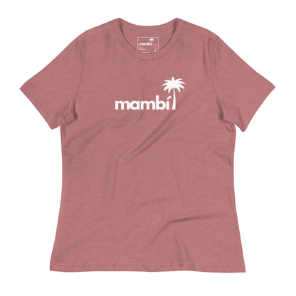 The Abigail Relaxed-Fit Logo Tee by Printful features a dusty rose color, white mambi logo with palm tree graphic, short sleeves, relaxed fit, and ultra-soft fabric—making it one of the softest womens t-shirts youll want to own.