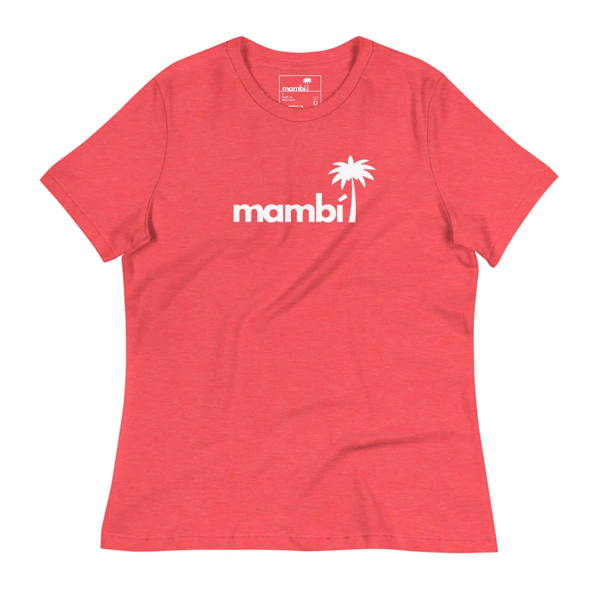 The Abigail Relaxed-Fit Logo Tee by Printful is a red women’s short-sleeve t-shirt with a white “mambi” logo and palm tree icon—one of our softest tees, designed for style and comfort.
