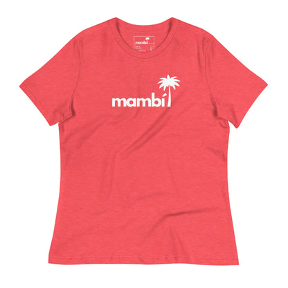 The Abigail Relaxed-Fit Logo Tee by Printful is a red women’s short-sleeve t-shirt with a white “mambi” logo and palm tree icon—one of our softest tees, designed for style and comfort.
