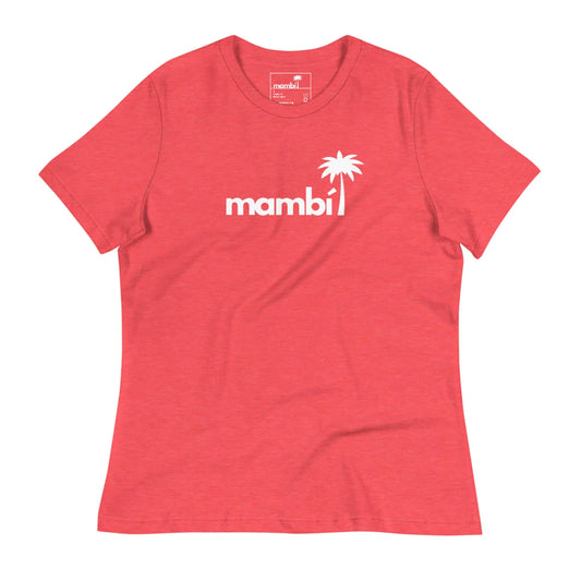 The Abigail Relaxed-Fit Logo Tee by Printful is a red women’s short-sleeve t-shirt with a white “mambi” logo and palm tree icon—one of our softest tees, designed for style and comfort.