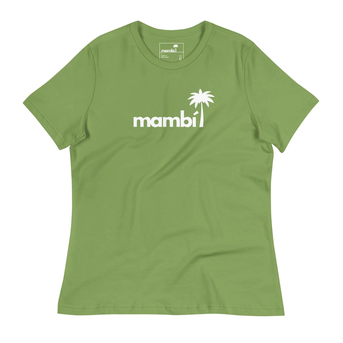 The Abigail Relaxed-Fit Logo Tee by Printful features a light green color, white mambi and palm tree graphic on the chest, soft fabric, round neckline, and a simple casual design for all-day comfort.