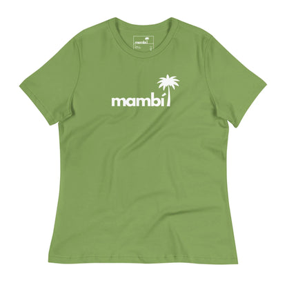 The Abigail Relaxed-Fit Logo Tee by Printful features a light green color, white mambi and palm tree graphic on the chest, soft fabric, round neckline, and a simple casual design for all-day comfort.