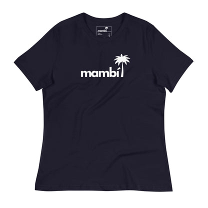 The Abigail Relaxed-Fit Logo Tee by Printful features mambi in white lowercase letters with a palm tree graphic over the i—one of the softest black t-shirts youll own.