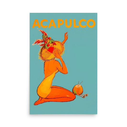 Bring sophisticated flair to your decor with Acapulco, a vintage-style 24x36 poster featuring a stylized woman in a fruit hat. Printed on premium luster paper by Printful for vibrant colors and bold retro charm.