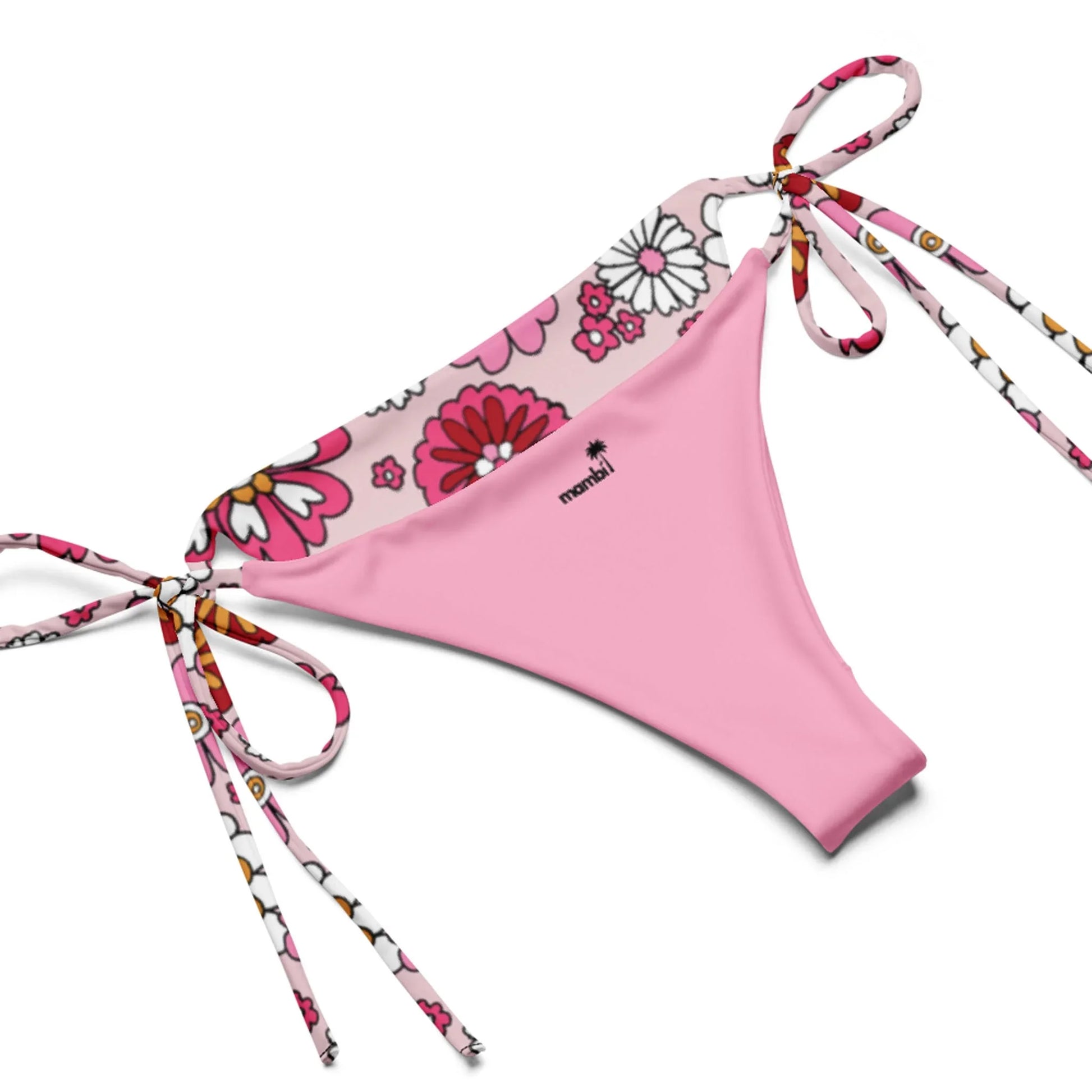 The Adriana String Bikini Swimsuit by Printful features adjustable side ties, a floral waistband with pink, red, and white flowers, matching ties, is made from recycled polyester, and offers UPF 50+ protection. Brand name is printed on the front.