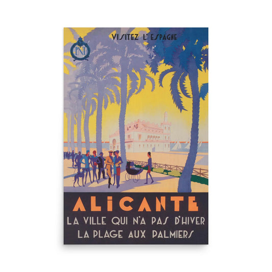 Vintage travel poster for Alicante, Spain, featuring people strolling under palm trees near the beach beside a pastel Mambí building. French text promotes Alicante as a winterless city with palm-lined beaches.