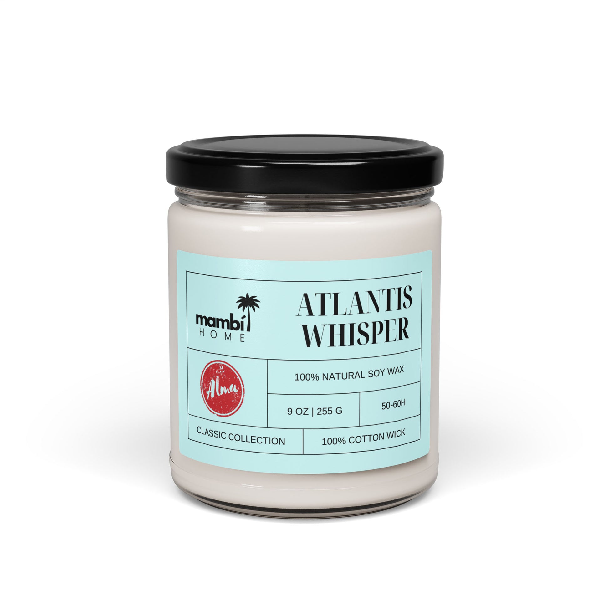 A glass jar candle with a black lid labeled Atlantis Whisper by Mambi Home. This scented soy candle features 100% natural soy wax, 9 oz, 50-60 hours long burn time, classic collection, and a 100% cotton wick.