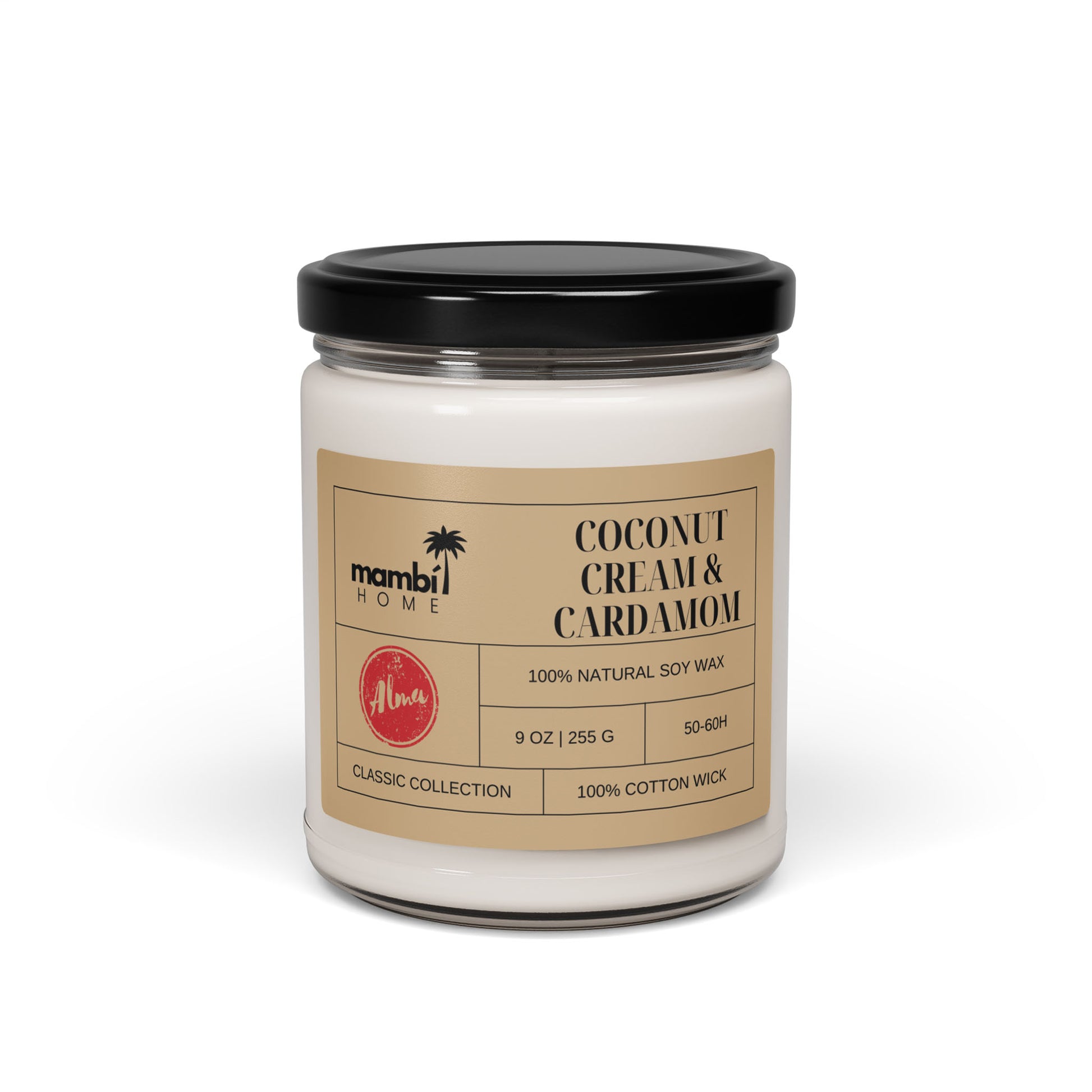 A glass jar candle with a black lid labeled “Coconut Cream & Cardamom.” The beige label highlights scented soy candles made from 100% natural soy wax, 9 oz, classic collection, eco-friendly burn of 50–60 hrs, and a cotton wick.
