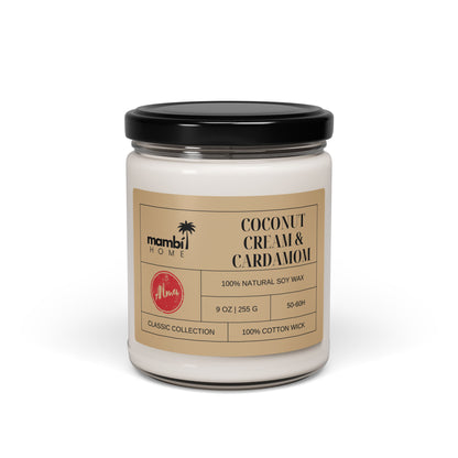 A glass jar candle with a black lid labeled “Coconut Cream & Cardamom.” The beige label highlights scented soy candles made from 100% natural soy wax, 9 oz, classic collection, eco-friendly burn of 50–60 hrs, and a cotton wick.
