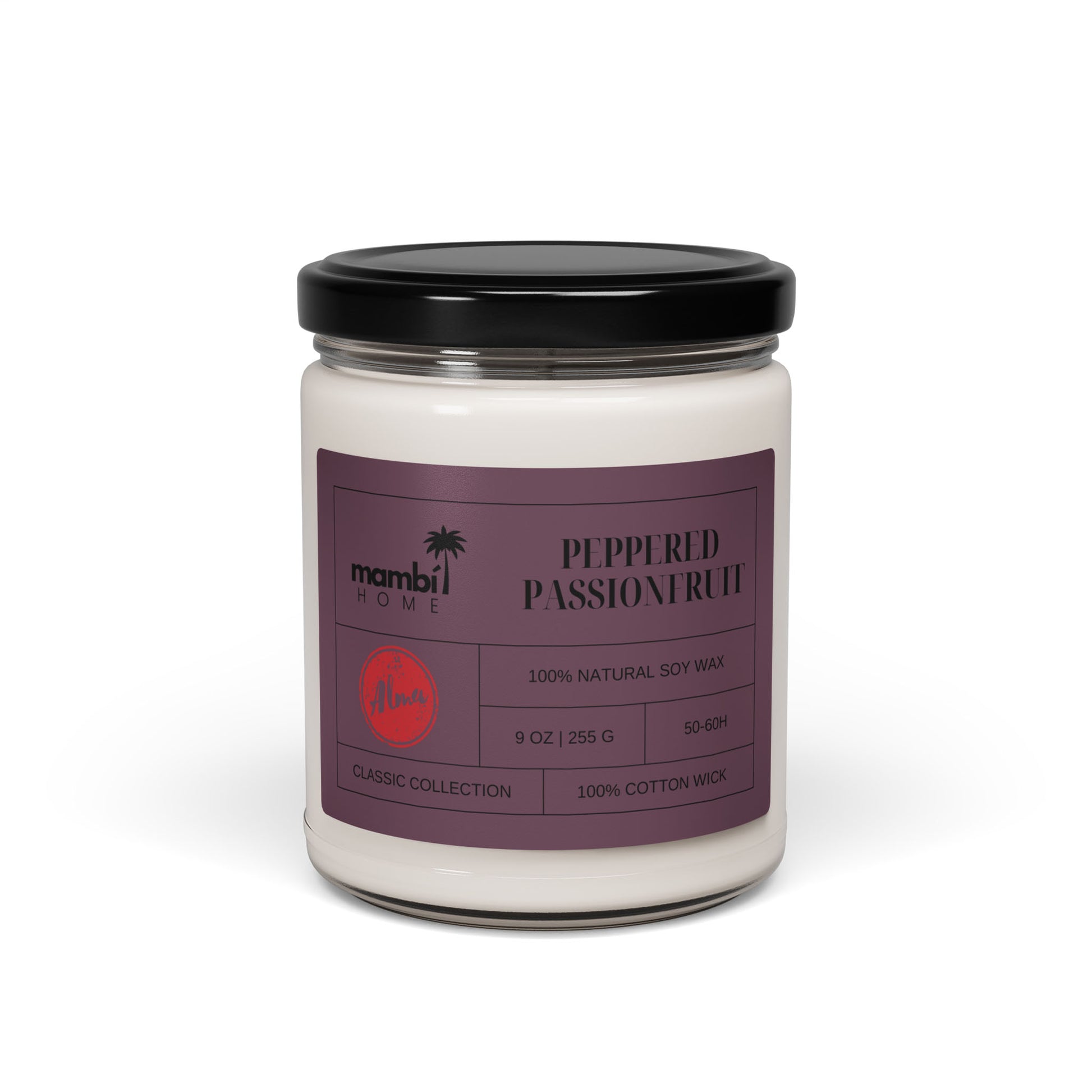 A white scented soy candle in a clear glass jar with a black lid. The label reads PEPPERED PASSIONFRUIT and mambi HOME, highlighting 100% natural soy wax and a 9 oz size—an eco-friendly candle choice for your space.
