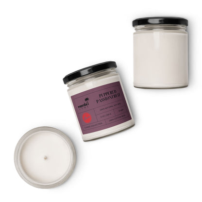 Three white scented soy candles in clear glass jars with black lids. One jar, labeled Pepperd Passionruh with a purple label, highlights natural soy wax candles, while the other two unlabeled jars are shown from different angles.