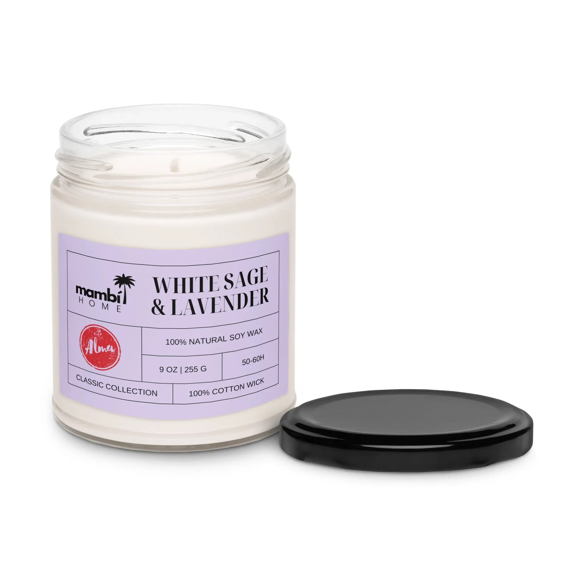 A glass jar candle with a light purple label reading White Sage & Lavender and 100% Natural Soy Wax. Perfect for those who love eco-friendly candles, the unused white candle sits beside its black lid, ready to fill your space with scent.