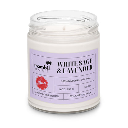 A glass jar candle with a lavender label reading White Sage & Lavender, featuring eco-friendly scented soy candles crafted from 100% natural soy wax, 9 oz (255g), a 50–60h burn time, and a 100% cotton wick.