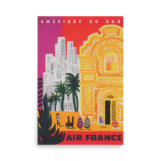 Vintage Air France poster with bold colors, featuring a yellow ornate building, modern city skyscrapers, palm trees, and people with llamas. The lively scene offers a touch of Mambí spirit. Text reads AMÉRIQUE DU SUD at the top and AIR FRANCE at the bottom.