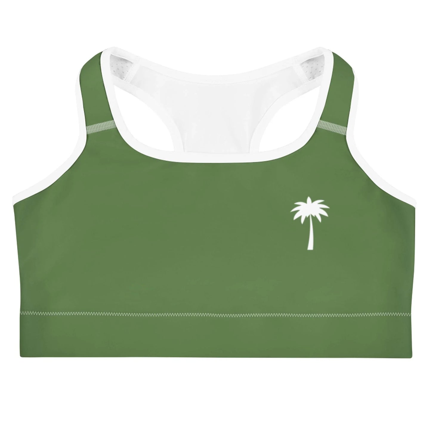 A green Mambí sports bra with white trim and a small white palm tree graphic on the upper left side, displayed against a white background.
