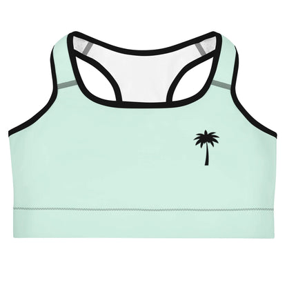 Light green Mambí sports bra with black trim and a small black palm tree graphic on the left chest, displayed on a white background.