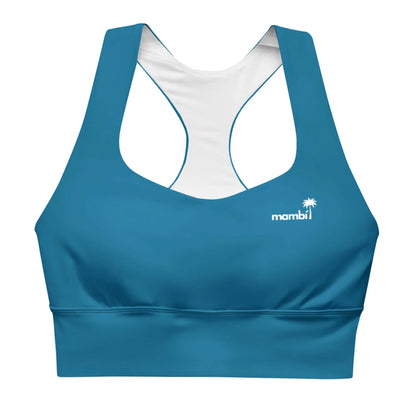 The Ashley Longline Sports Bra by Printful is a teal racerback, ideal for high-impact workouts. It features a small white palm tree and mambi on the left chest, made from recycled polyester and shown on a white background.
