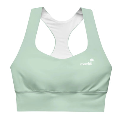 The Ashley Longline Sports Bra by Printful is a light green racerback bra for high-impact activities. Made from recycled polyester with a white inside lining, it features a white palm tree logo and mambi on the left chest.