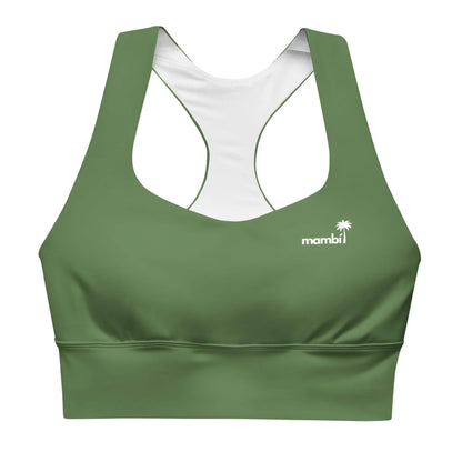 The Ashley Longline Sports Bra by Printful features olive green fabric, wide straps, and a racerback for high-impact support. A small white palm tree logo with mambi decorates the left chest.