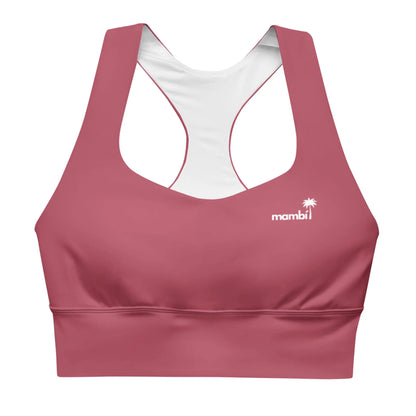 The Ashley Longline Sports Bra by Printful features a mauve racerback design, crafted from recycled polyester with a white palm tree logo and mambi on the front. It offers high-impact support and comfort with a white inner lining.