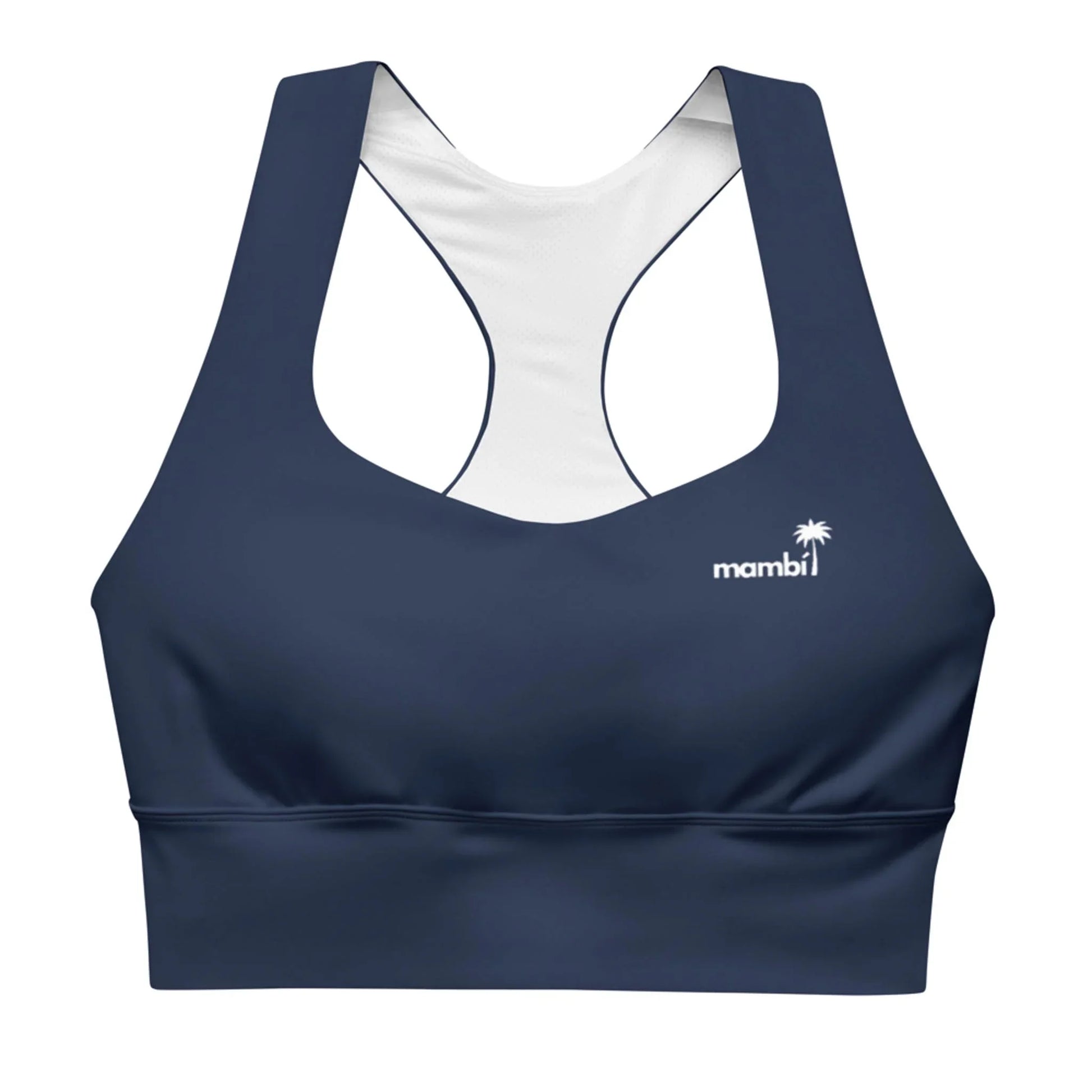 The Ashley Longline Sports Bra by Printful is a navy blue racerback with a small white palm tree logo and mambi on the left chest. Made from recycled polyester, its perfect for high-impact workouts and features a white interior lining.