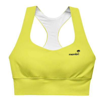 The Ashley Longline Sports Bra by Printful is a yellow racerback bra with a small black mambi palm tree logo on the left chest, made from recycled polyester with a white inside lining—ideal for high-impact activities.