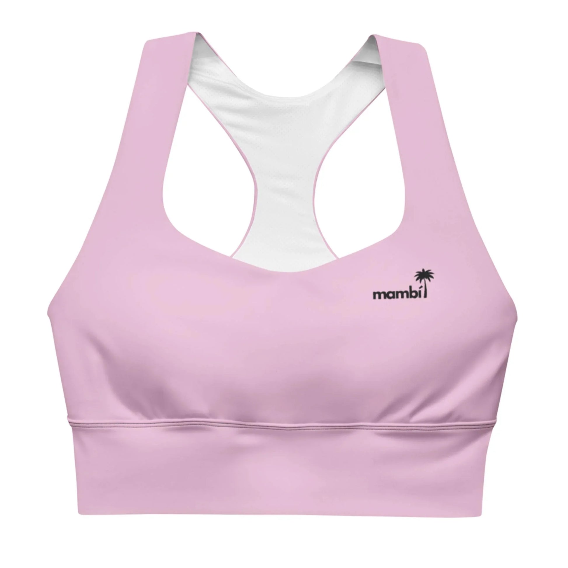 The Ashley Longline Sports Bra by Printful features a light pink racerback design, black mambi logo and palm tree on the left chest, white inner lining, and is made from recycled polyester—ideal for high-impact activities.