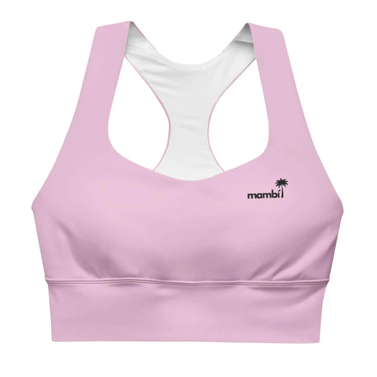 The Ashley Longline Sports Bra by Printful features a light pink racerback design, black mambi logo and palm tree on the left chest, white inner lining, and is made from recycled polyester—ideal for high-impact activities.