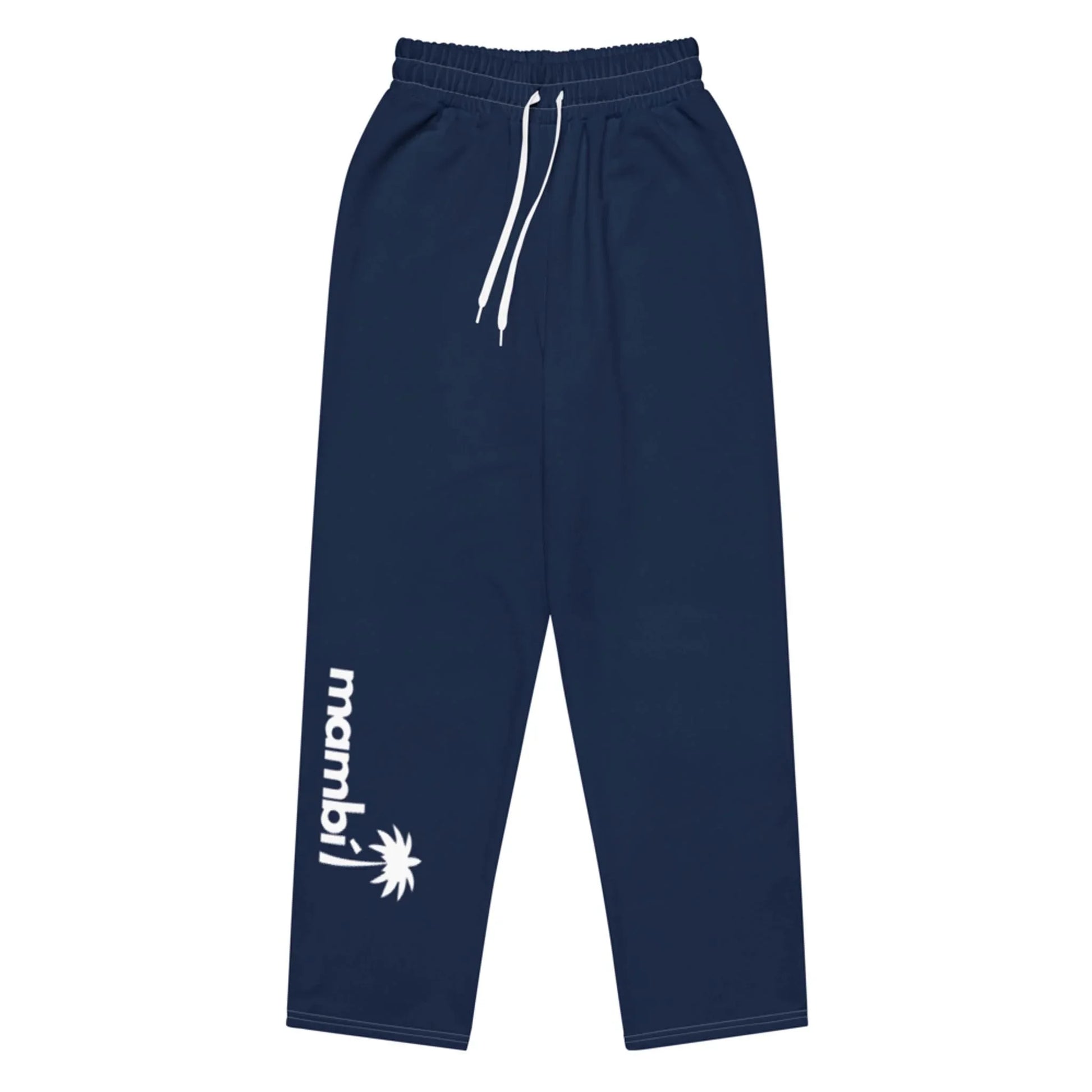 Navy blue sweatpants with an elastic waistband and white drawstring, featuring Mambí text and a small palm tree graphic printed on the left leg near the ankle.