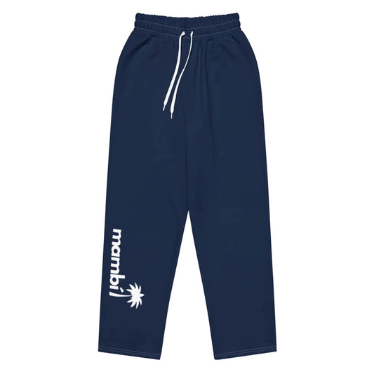Navy blue sweatpants with an elastic waistband and white drawstring, featuring Mambí text and a small palm tree graphic printed on the left leg near the ankle.