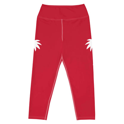 The Aventura High-Rise Yoga Capri Leggings for women by Printful feature a high waistband, red four-way stretch fabric, and two white abstract leaf or feather shapes on the back hips—perfect addition to your activewear collection.