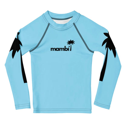 Light blue long-sleeve rash guard featuring black palm tree graphics on the sleeves and Mambí with a small black palm tree printed on the chest.