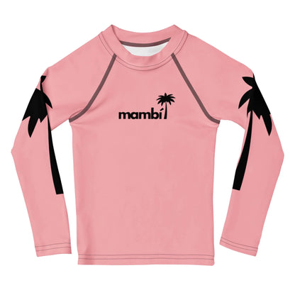 A long-sleeved pink rash guard featuring black palm tree graphics on the sleeves and a small black palm tree with the word Mambí on the chest.