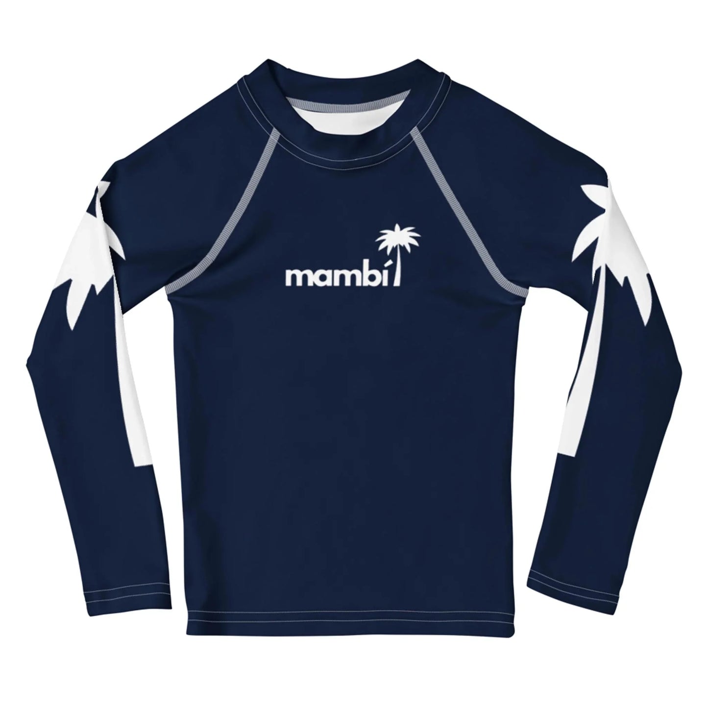 A navy blue long-sleeve rash guard featuring white palm tree graphics on the sleeves and a bold Mambí logo with a palm tree above the text on the chest.